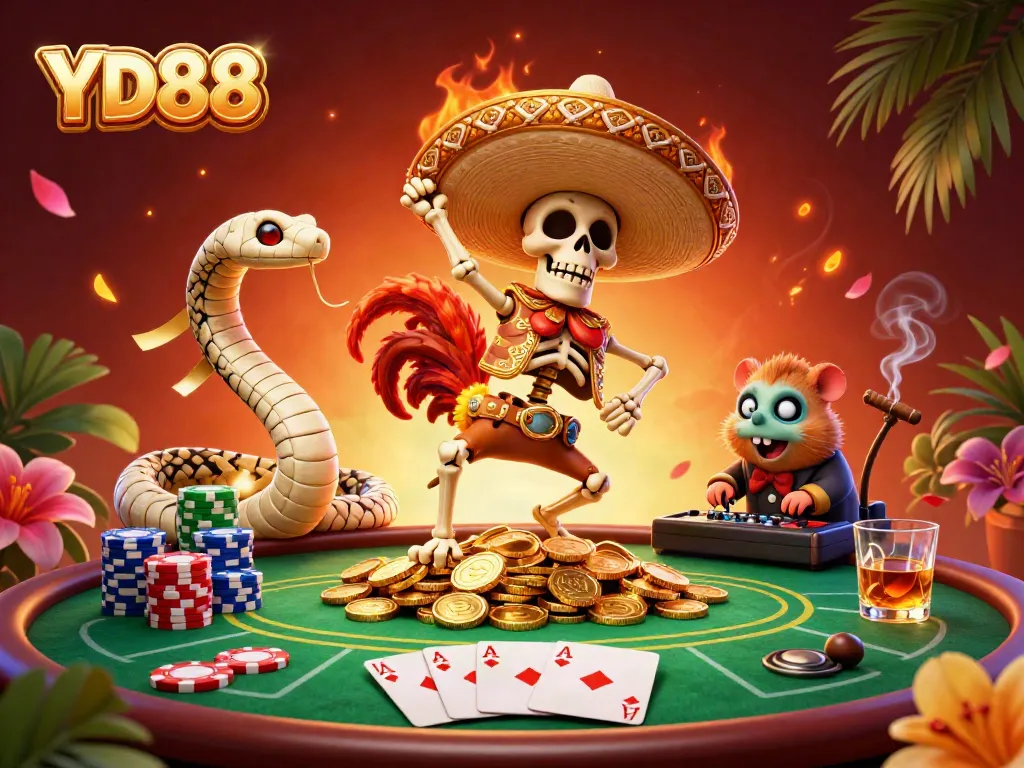 Celebrate with YD88 as a skeleton rooster wins big on a colorful casino floor!
