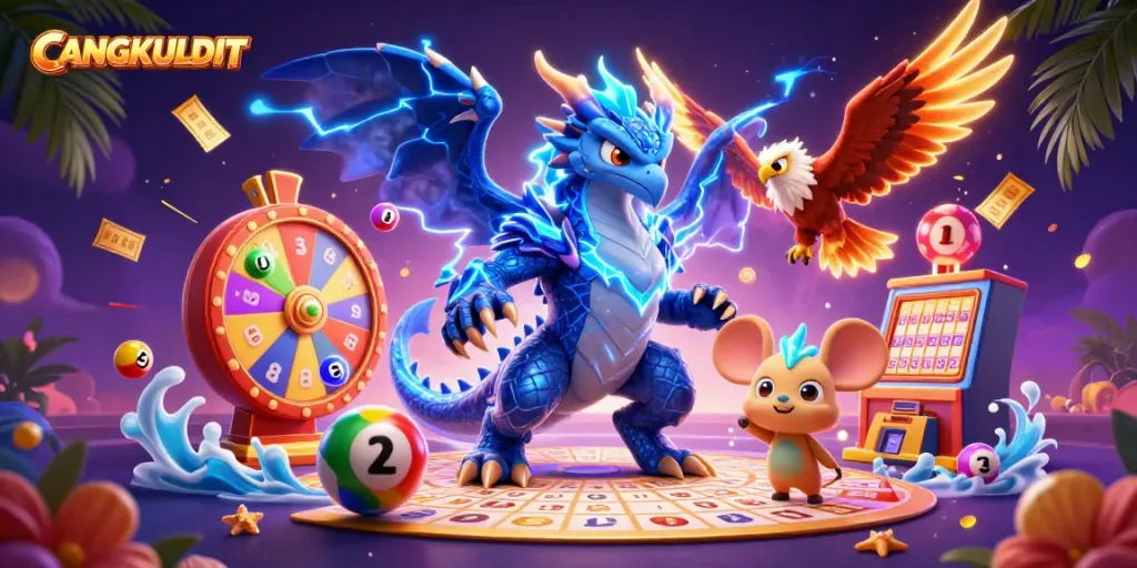 CANGKULDUIT captures the excitement of gaming with a thunder dragon and dynamic lottery elements