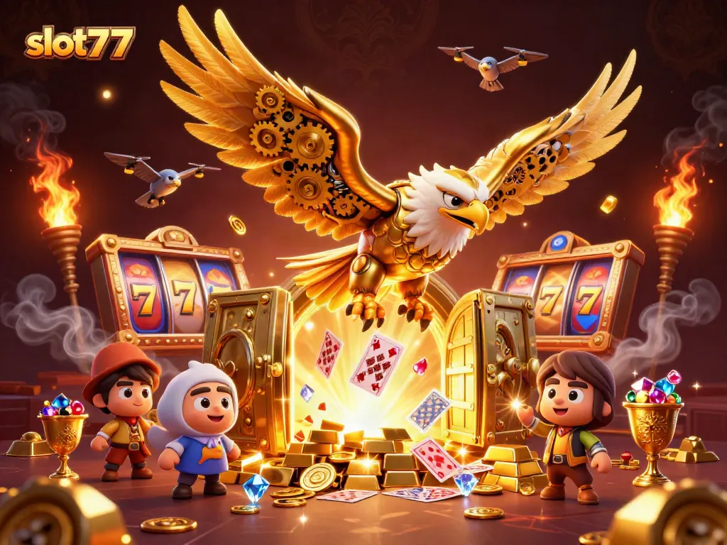 Experience thrilling action with slot777, featuring a golden eagle amidst vibrant casino elements.