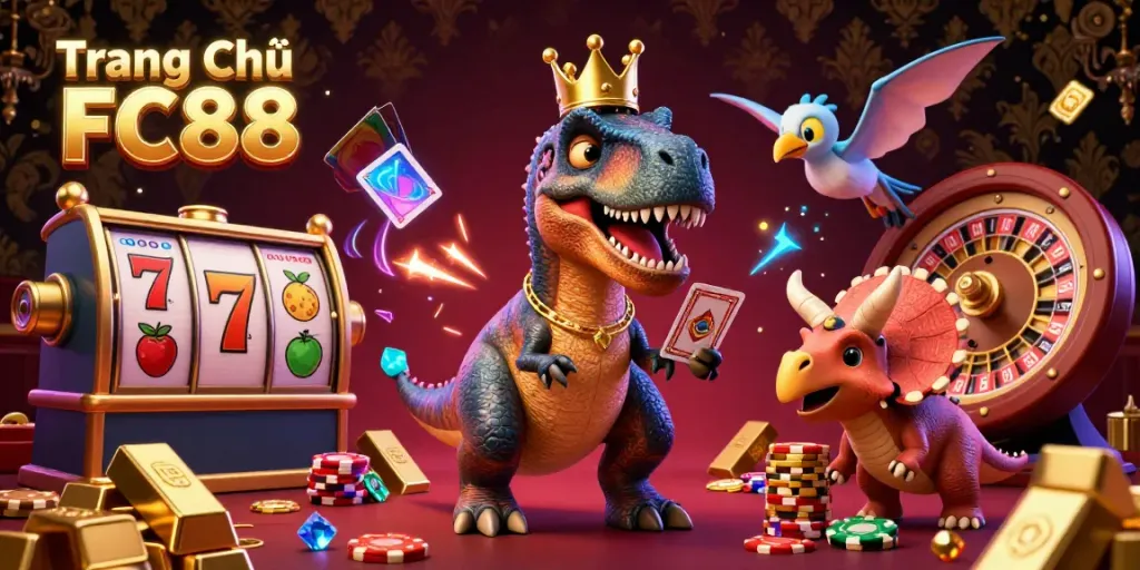 Experience excitement at Trang Chủ FC88 with a colorful 3D casino scene showcasing a friendly T-Rex, pterodactyl, and triceratops among vibrant gaming elements.