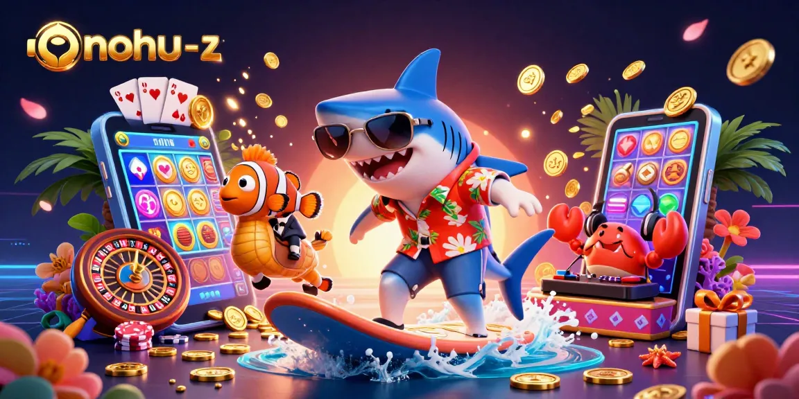 Nohu-z1 captures exciting casino energy with a hammer-head shark surfing gold coins, ideal for gamers.