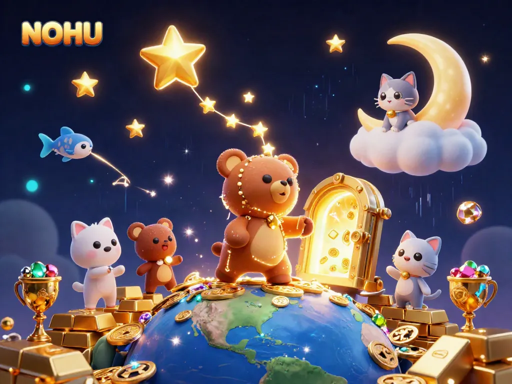 Engage with the enchanting world of NOHU where a constellation bear collects coins, surrounded by vibrant treasures