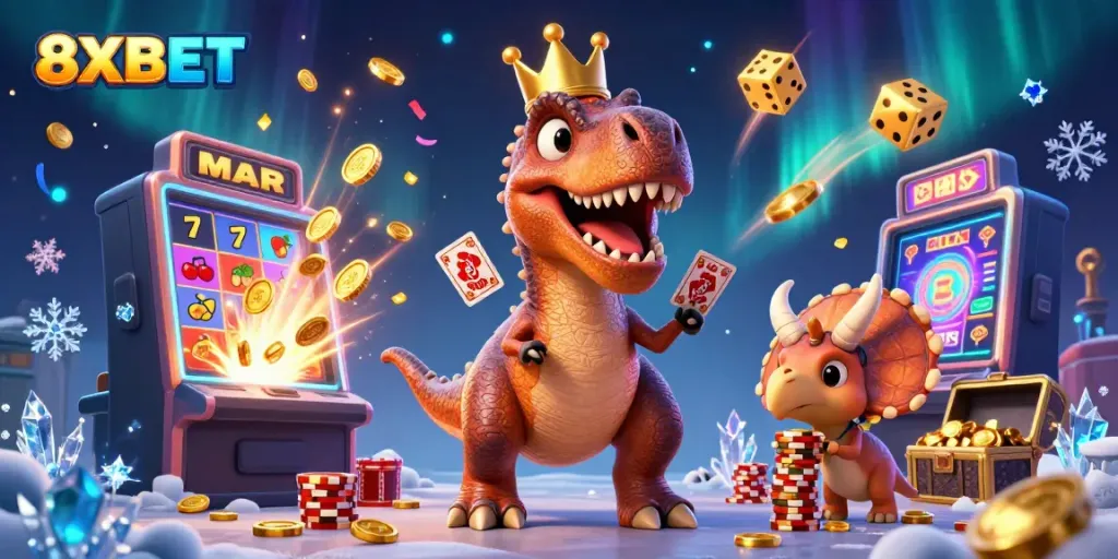 Experience thrilling gameplay at 8XBET with a friendly T-Rex dealer and dynamic casino elements.