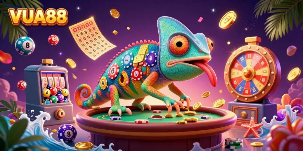 Experience thrilling action at VUA88 with vibrant games, colorful elements, and exciting casino vibes.