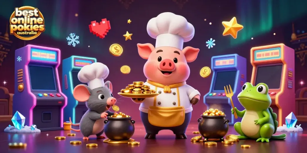 Enjoy the best online pokies Australia with a 3D chef pig serving gold coins in a lively casino scene.