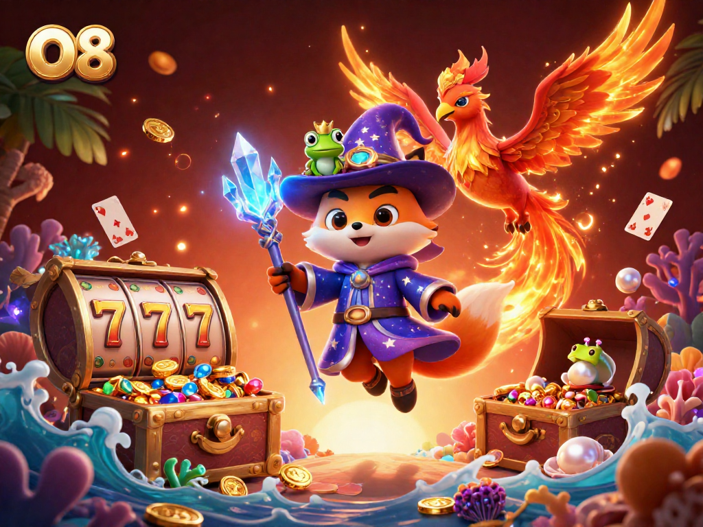 Experience thrilling fun at O8 with a magical scene featuring a wizard fox, phoenix, and vibrant slot game elements.