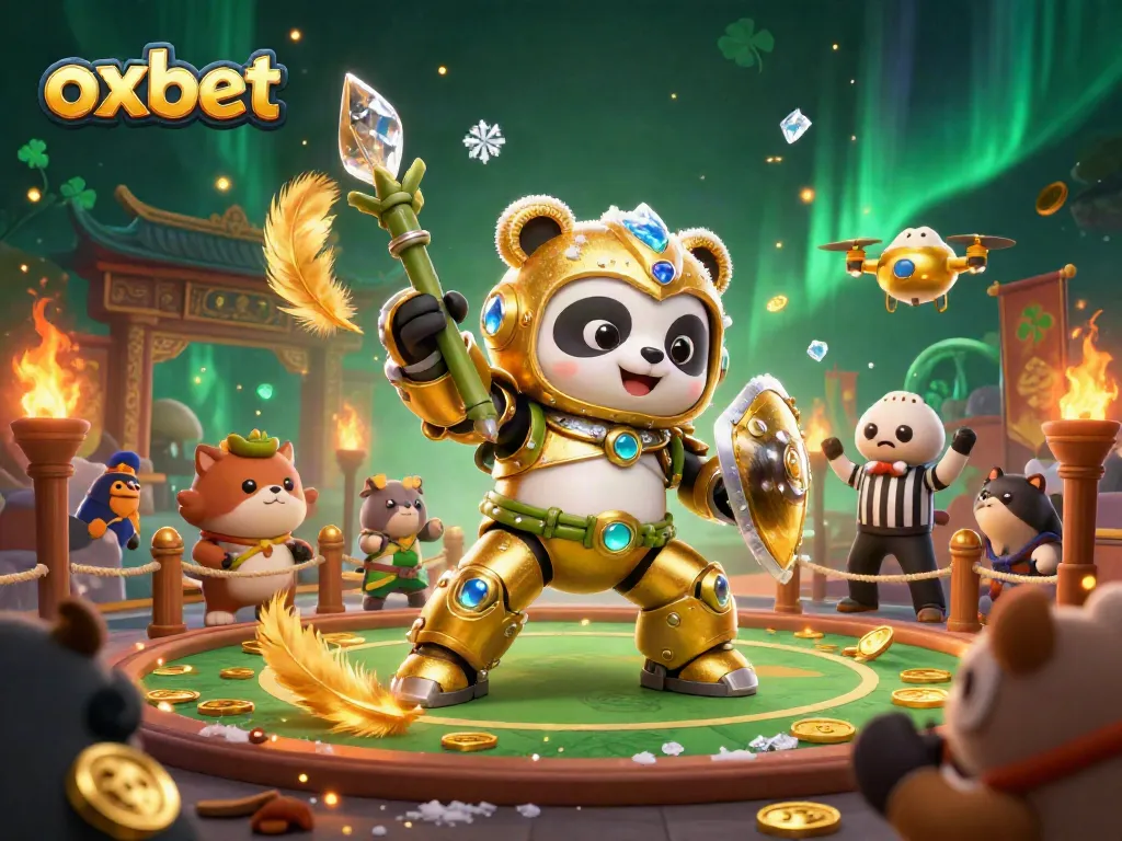 Engage with oxbet's dynamic gambling scene featuring a golden panda piloting a robot amidst cheering spectators.
