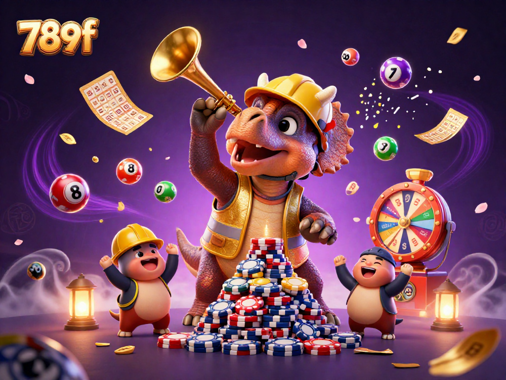 Engage in thrilling gameplay with 789f as a triceratops builds poker chip towers among lottery excitement!