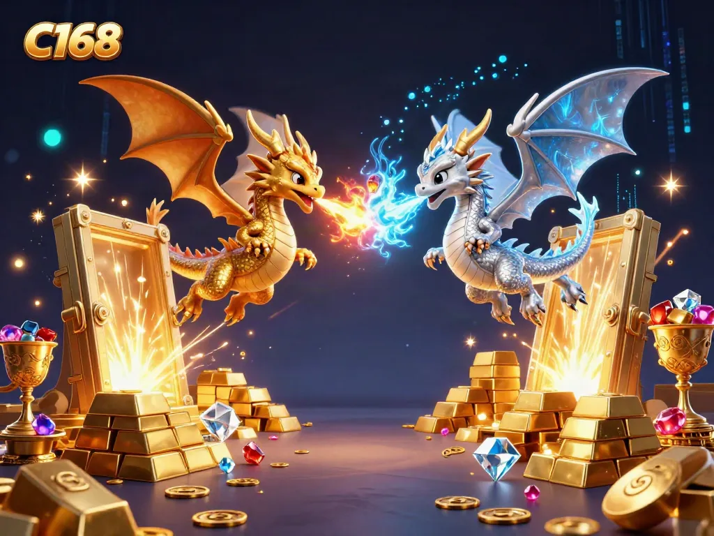 Experience the excitement of C168 with gold and silver dragons amidst treasure and magical lights.