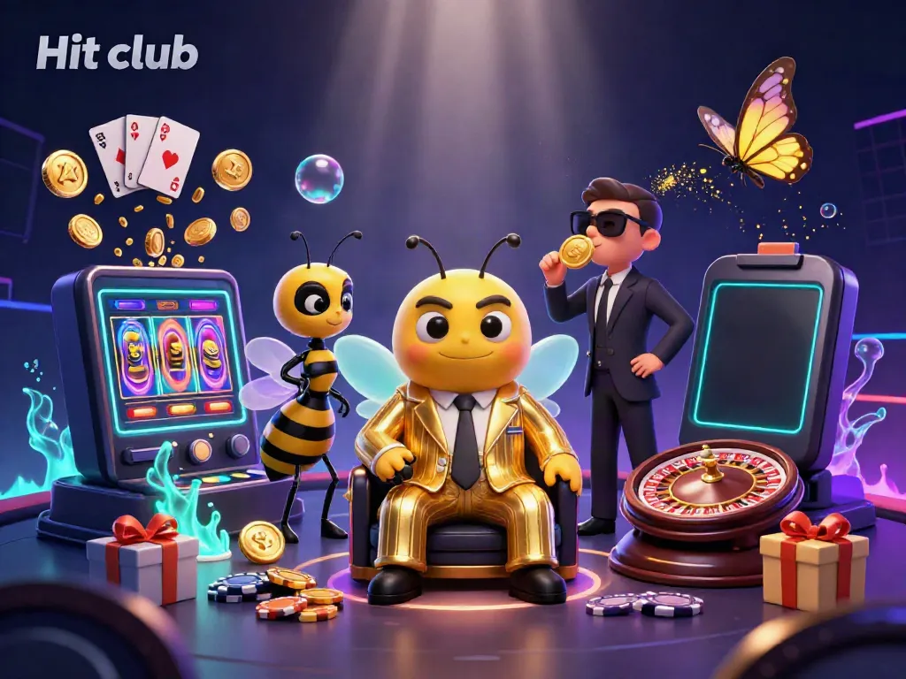 Experience thrilling action at Hit club with a colorful casino scene filled with slot games, vibrant characters, and golden coins.