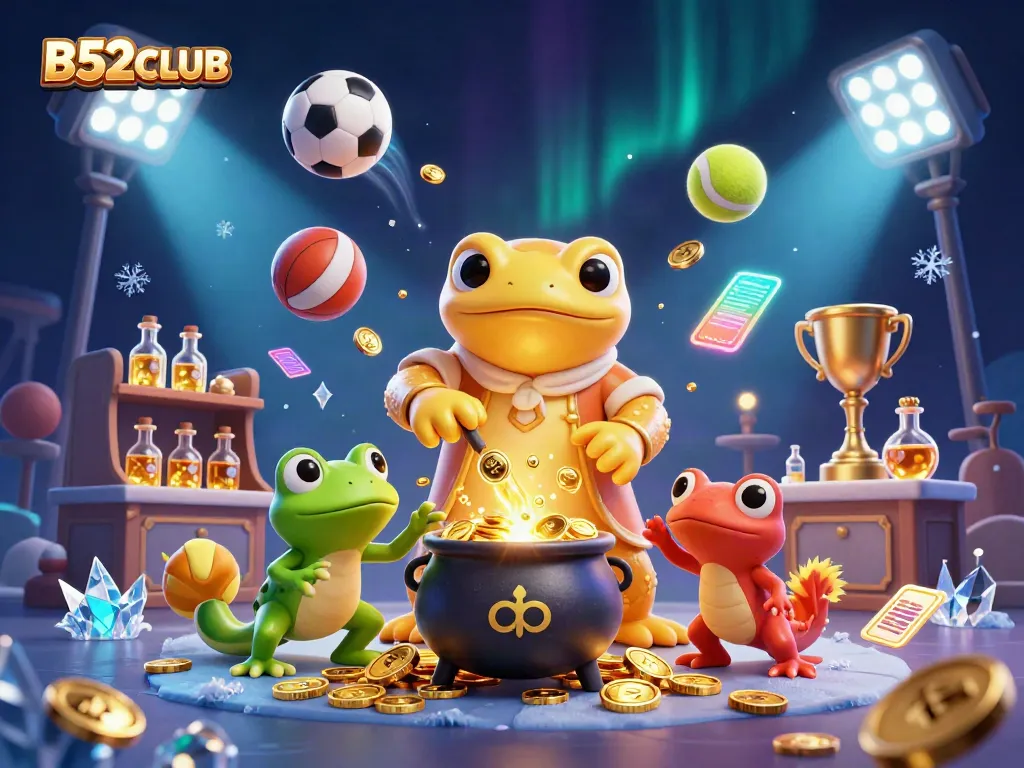 Experience thrilling B52CLUB gaming magic with alchemists and sports elements in this vibrant illustration.