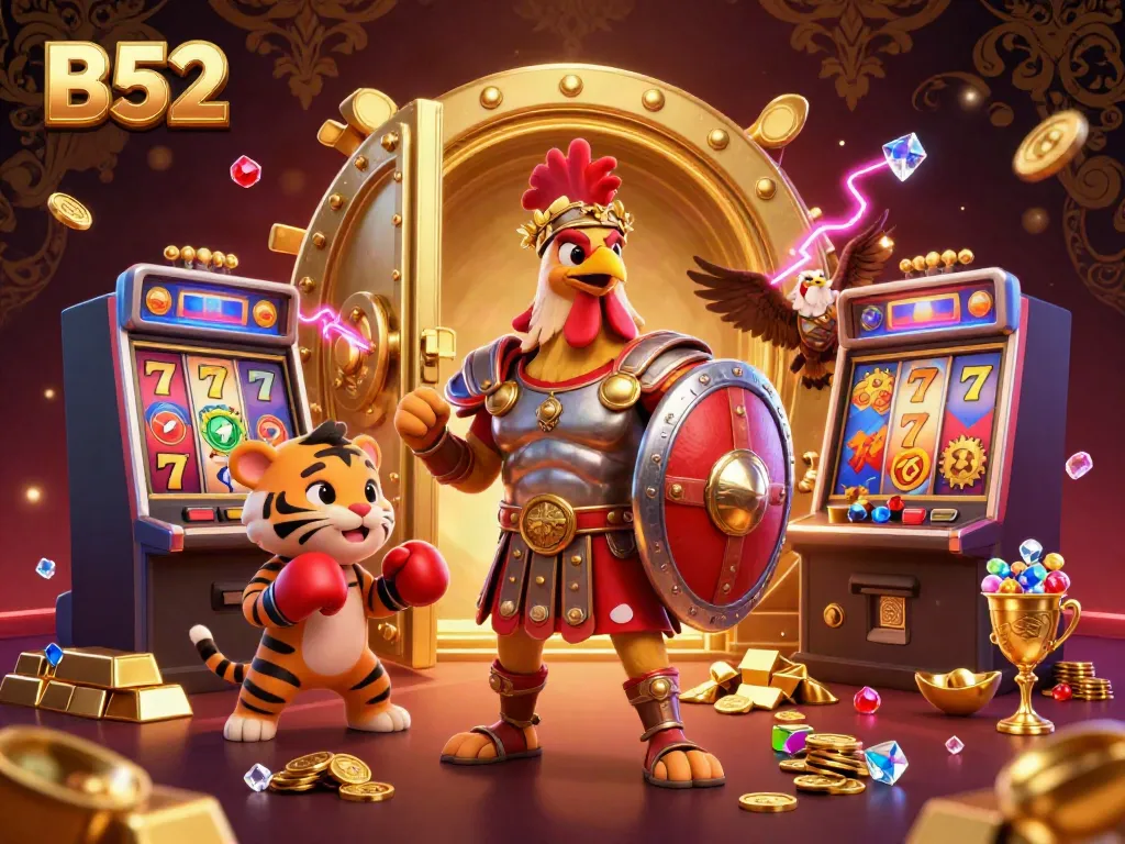 Delve into the vibrant B52 casino scene with a gladiator rooster, slot machines, and treasure elements.