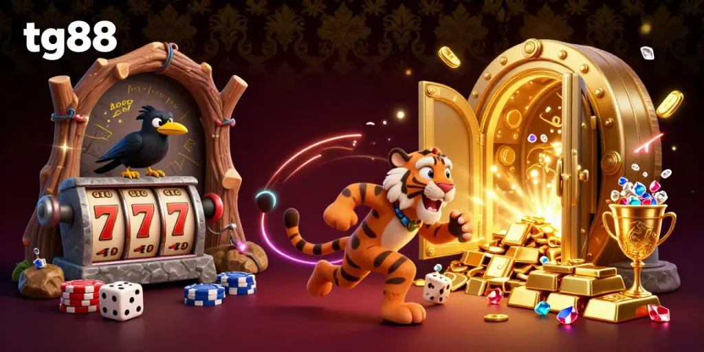 Join the excitement at tg88 casino, featuring cartoon cavemen and jackpot games in a stunning 3D scene.