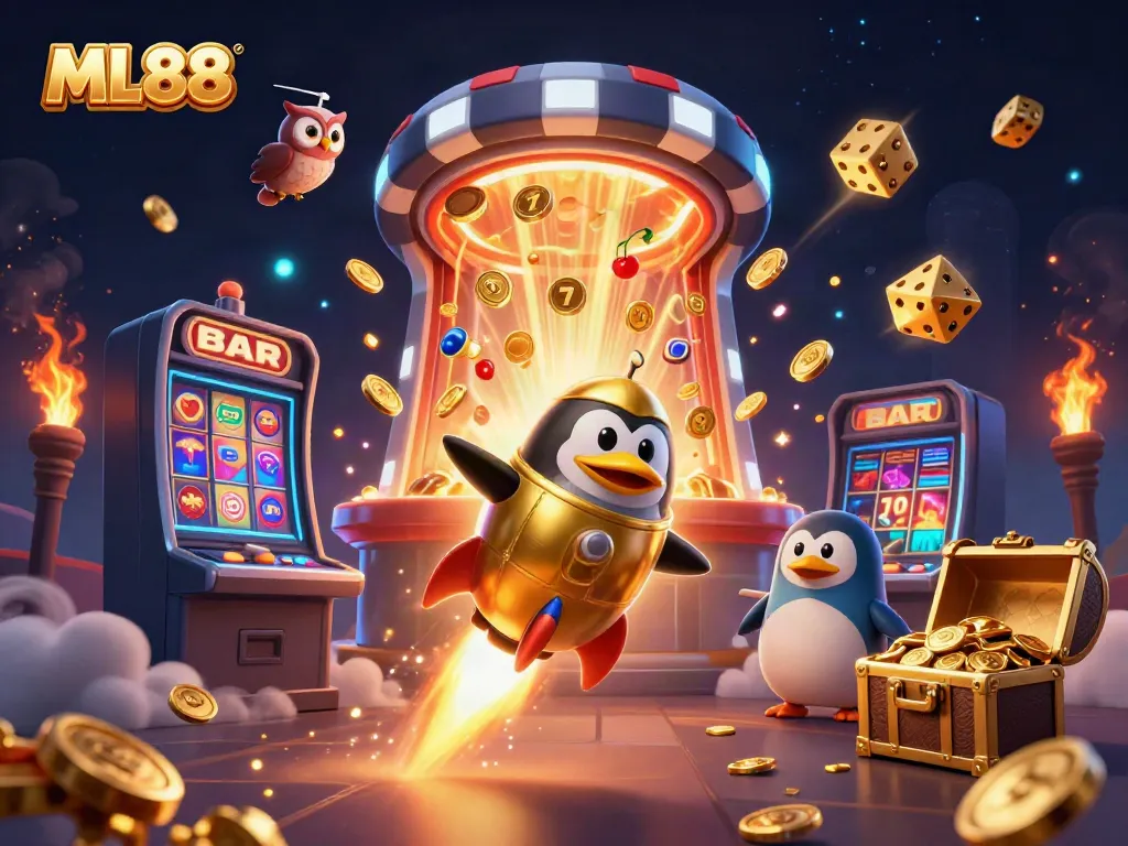 ML88 casino penguin thrills in jackpot frenzy surrounded by vibrant gaming elements.