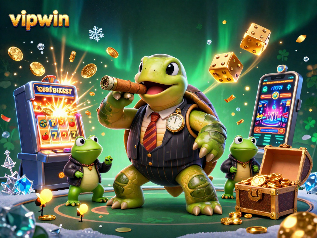 Experience thrilling wins at vipwin with a dynamic scene of cartoon characters enjoying casino games.