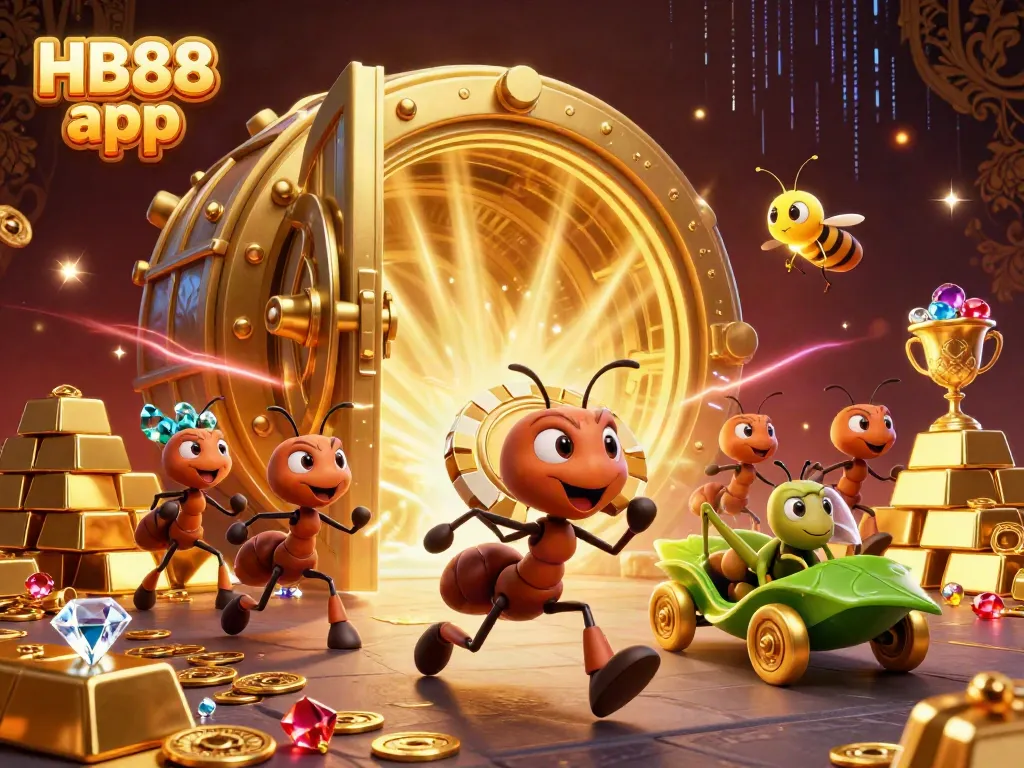 Engage with HB88 app's exciting casino heist illustration featuring ants, gold, and vibrant casino elements.