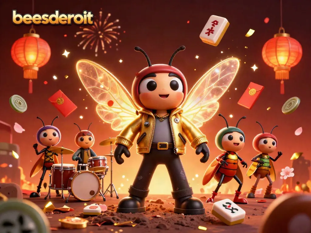Experience the excitement of beasdetroit casino with a vibrant 3D illustration featuring iconic characters and festive elements.