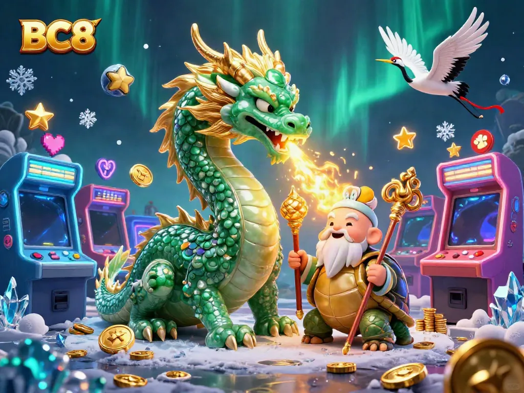 Experience the excitement of BC8 with an emerald jade dragon and vibrant casino game elements.