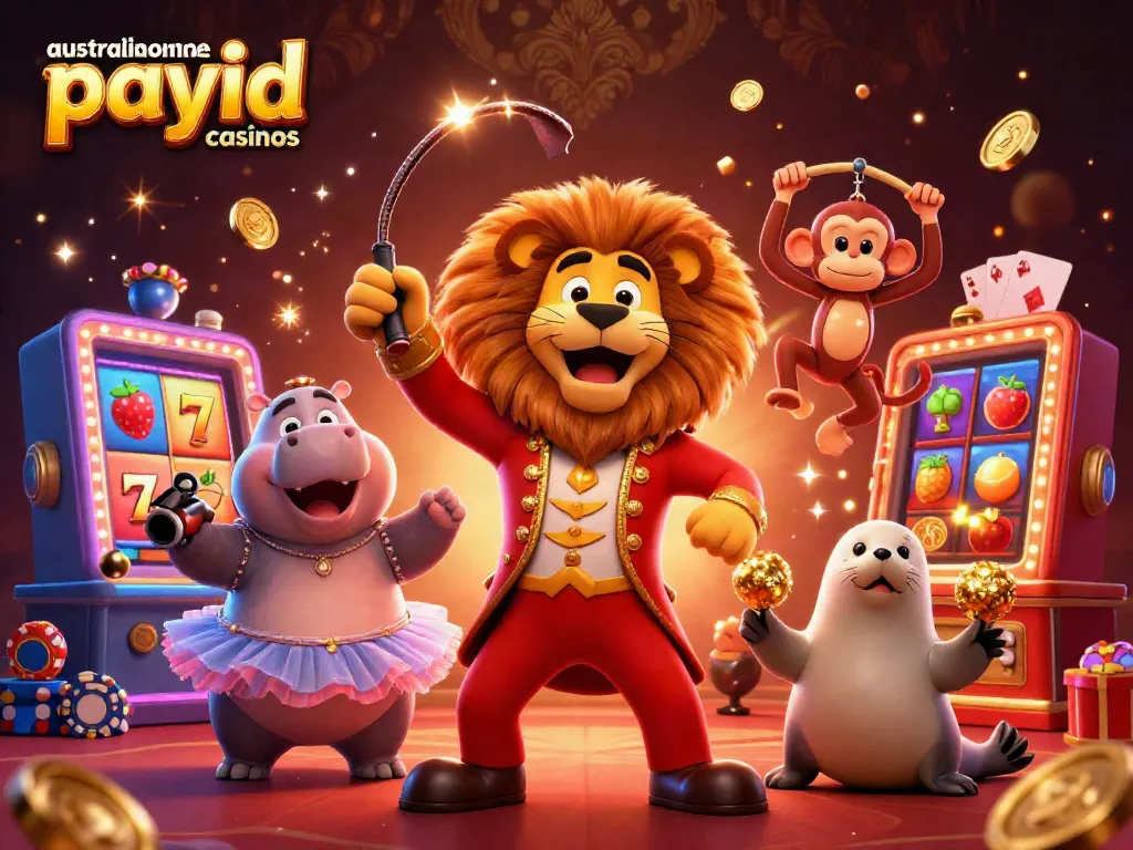 The 3D illustration showcases various characters representing Australianonlinecasino PayID casinos, combining gaming excitement with vibrant casino elements.