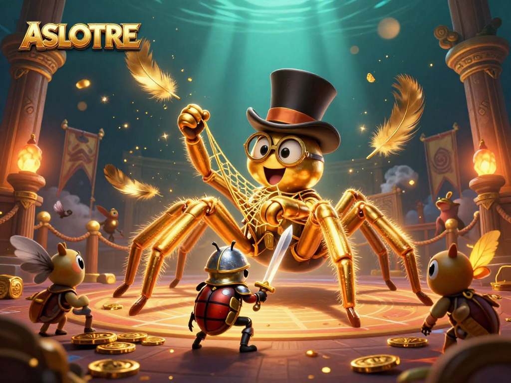 ASLOTRE showcases an epic casino battle with a golden tarantula and beetle knight amidst vibrant gaming elements.