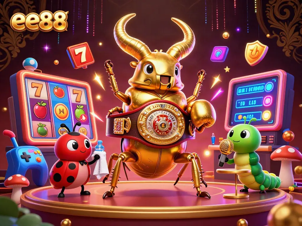 Experience the excitement of ee88 with dynamic game elements and engaging characters in a lavish casino-style illustration.