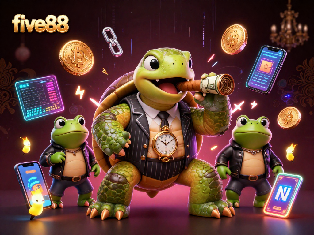 Engage with five88's vibrant casino atmosphere featuring a flashy turtle and bullfrog enforcers.