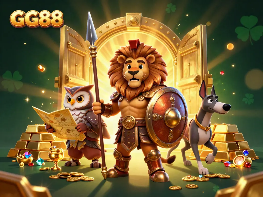 Engage with GG88's thrilling casino ecosystem featuring a Spartan lion, tactical owl, and swift greyhound amidst treasures and gold.