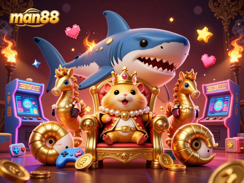 Experience thrilling gaming action with man88's vibrant 3D casino adventure illustration featuring a golden hamster king.