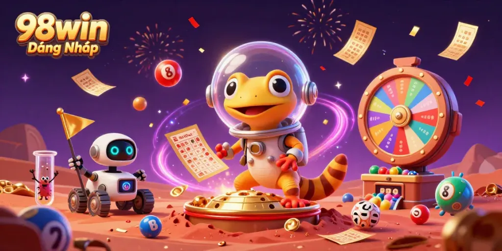 Experience the excitement of 98win Đăng Nhập with a Martian gecko discovering a golden casino