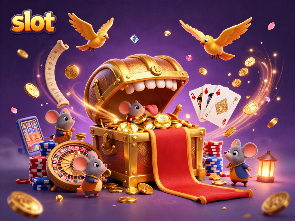 Engage with a slot adventure as treasure chest and mice lure in golden rewards amidst a vibrant casino scene.