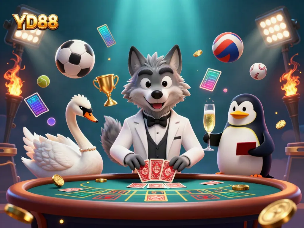 Experience the thrill of YD88 featuring a debonair wolf at baccarat, elegant swan dealer, and penguin sommelier.
