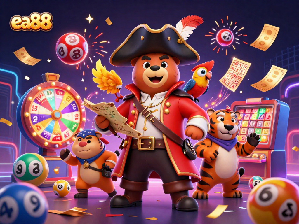 ea88 pirate captain bear and crew celebrating with bingo and lottery elements in an exciting casino scene.