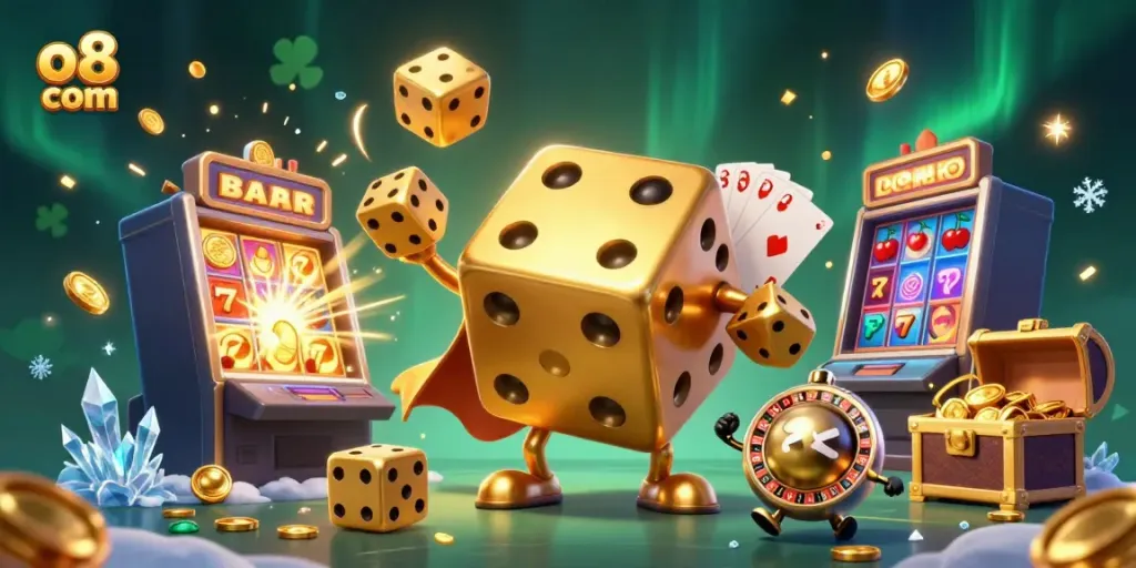 Experience thrilling action at o8 com with a captivating 3D casino scene featuring golden dice and slot machines.