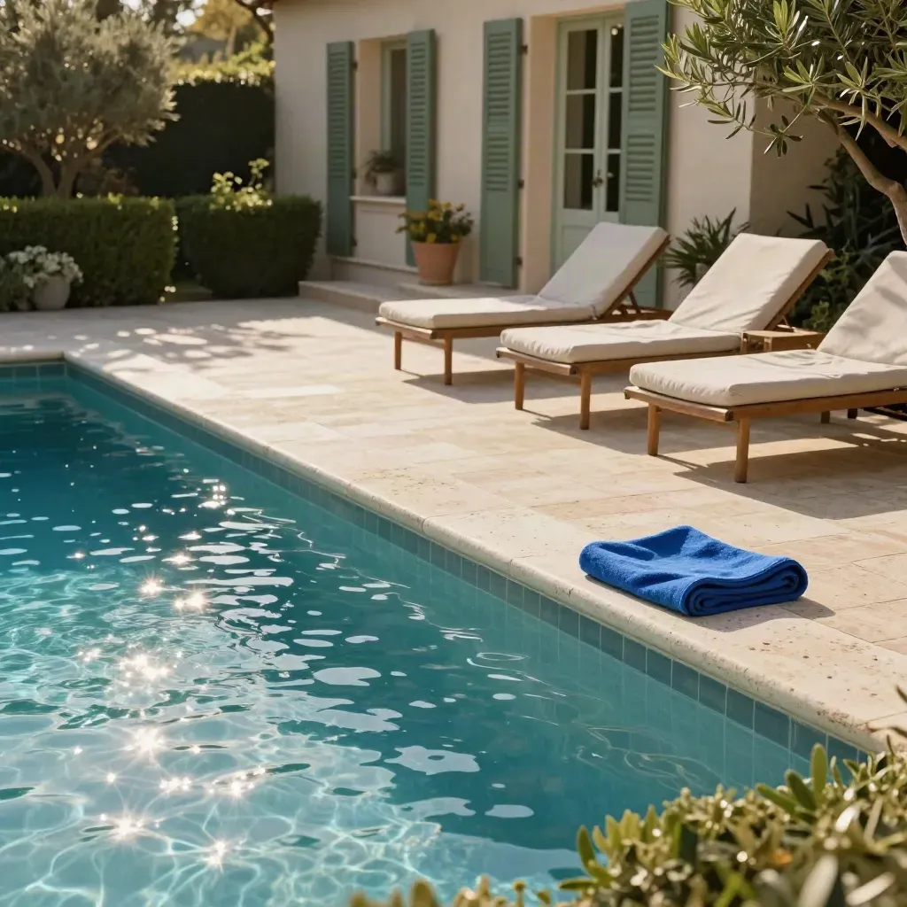 Villa con piscina, terrazza in pietra chiara, lettini e siepi curate sotto luce calda.