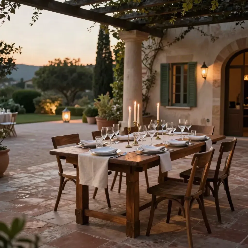 Cortile di villa con tavoli apparecchiati, candele e bicchieri sotto una pergola al tramonto
