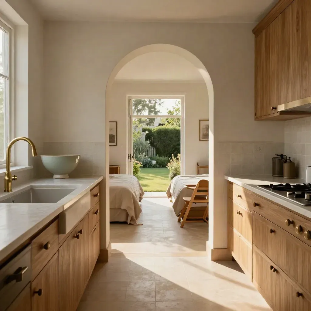 Cucina villa con fruttiera in ceramica, letti extra nell’arco e giardino tranquillo.