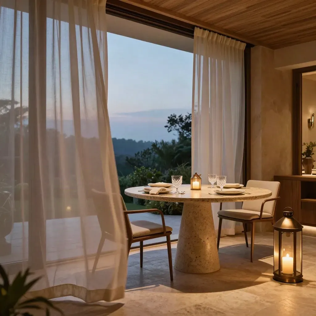Suite terrazza romantica con tavolo basso, lanterne e tende leggere al crepuscolo