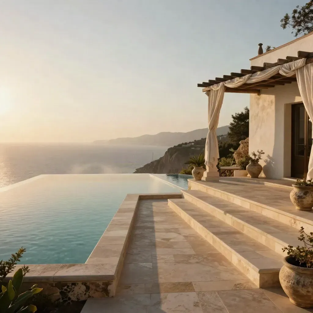 Villa bianca in cima alla scogliera con piscina a sfioro, terrazza in travertino e mare lontano.