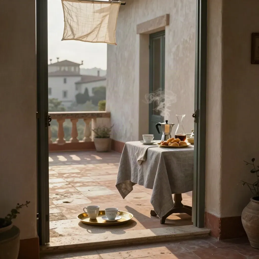 Terrazza di villa a Noto con colazione pronta, caffè che fuma e luce dell’alba.
