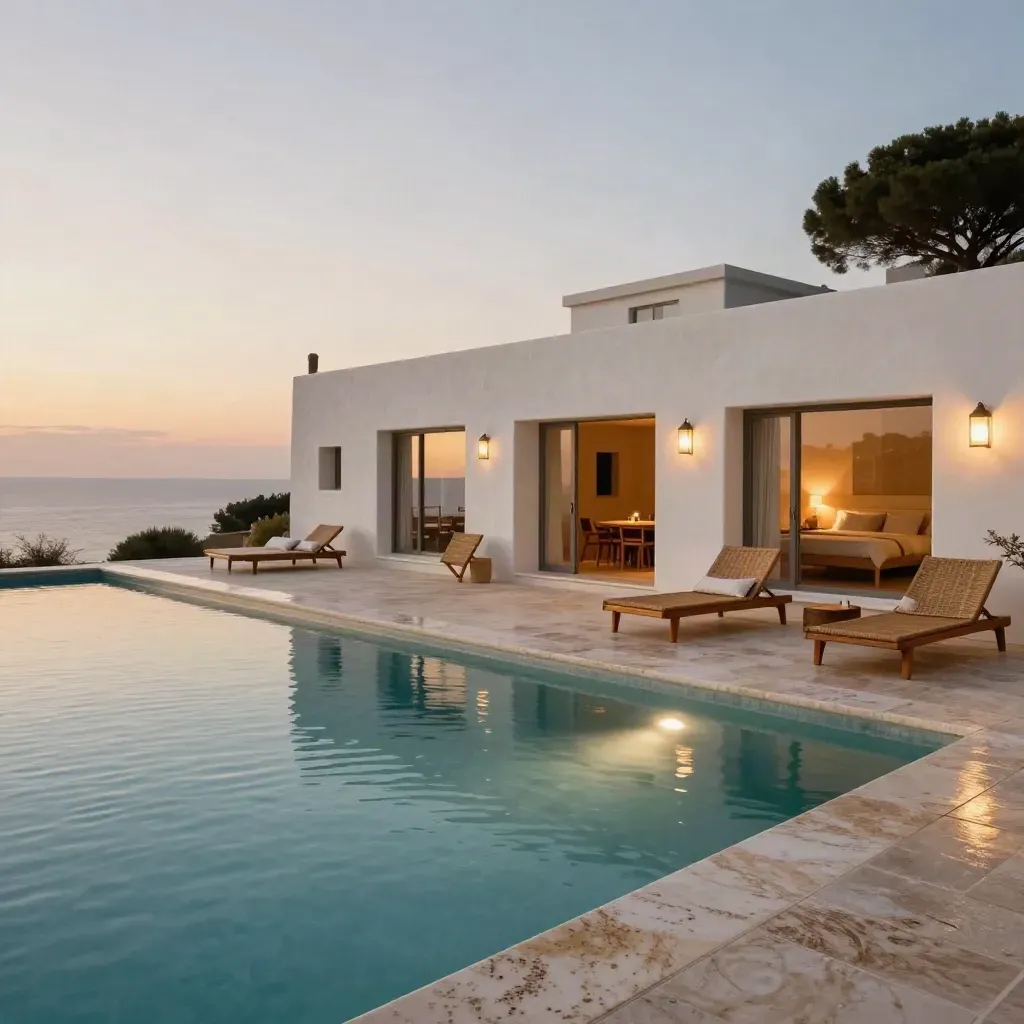 Villa sul mare con piscina illuminata e terrazza vista mare al tramonto