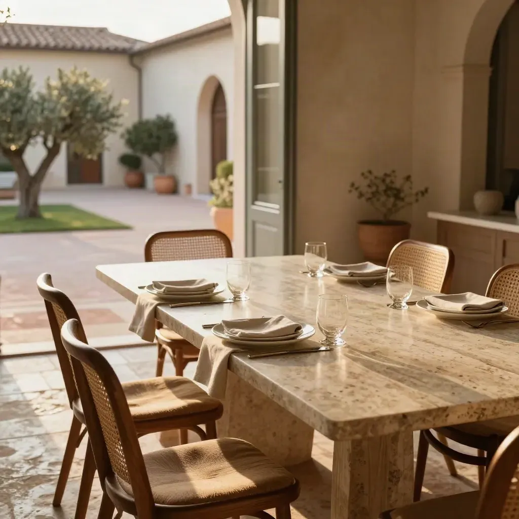 Sala da pranzo di villa per gruppi con tavolo lungo, piatti impilati e patio luminoso