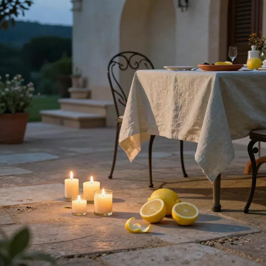 Dettaglio del cortile con candele, limoni e tavolo pronto al compleanno in campagna.