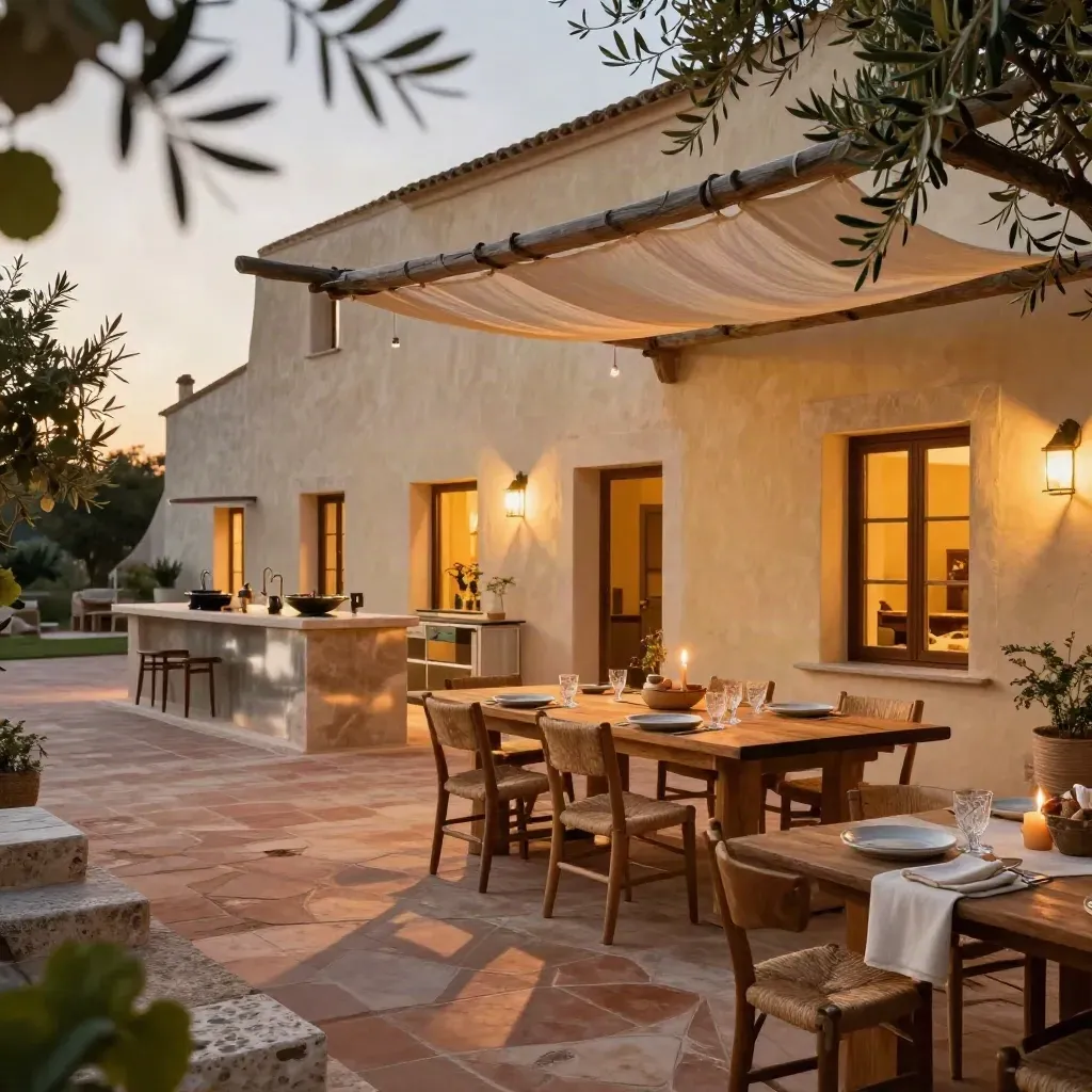 Masseria pugliese al tramonto con tavolo apparecchiato e luci calde sotto il pergolato