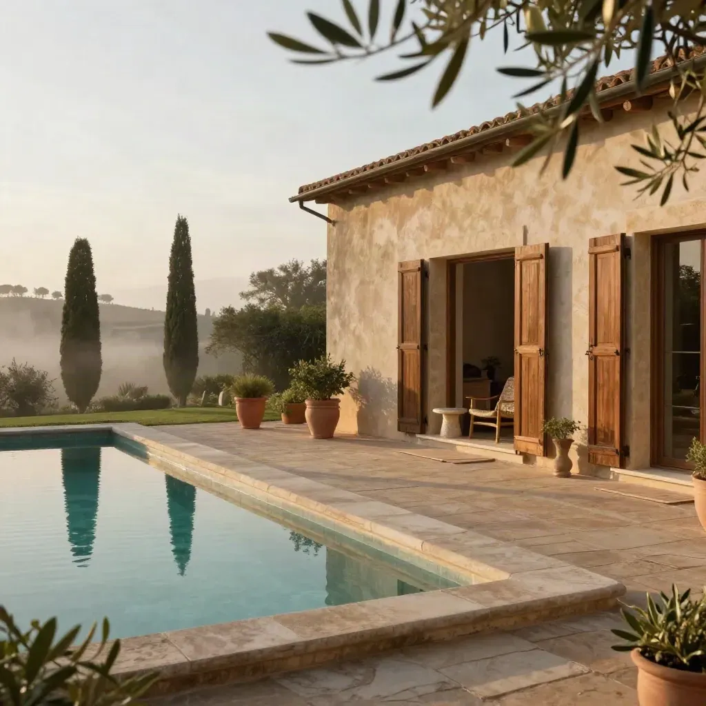 Villa toscana silenziosa con piscina, veranda in lino e cipressi all’alba