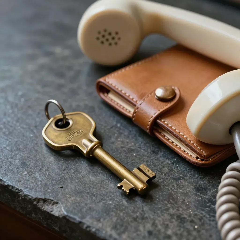 Chiavi, organizer e telefono su pietra scura, in un desk prenotazioni elegante