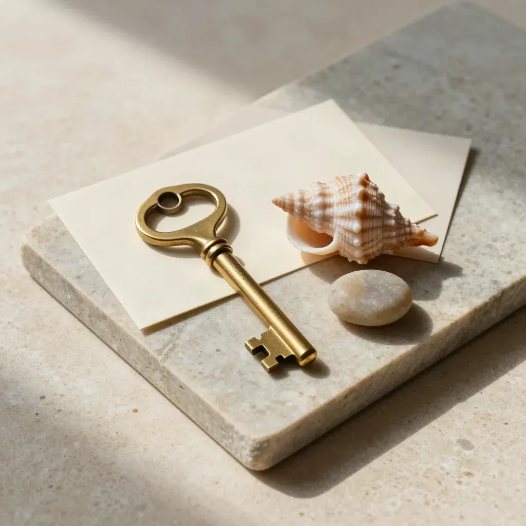 Flatlay dall’alto con chiave in ottone, conchiglia, card crema e ciottolo su vassoio di pietra.