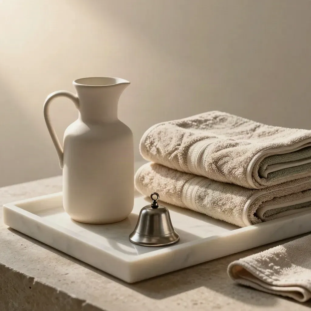 Caraffa in ceramica, asciugamani spa e campanello su vassoio di marmo chiaro