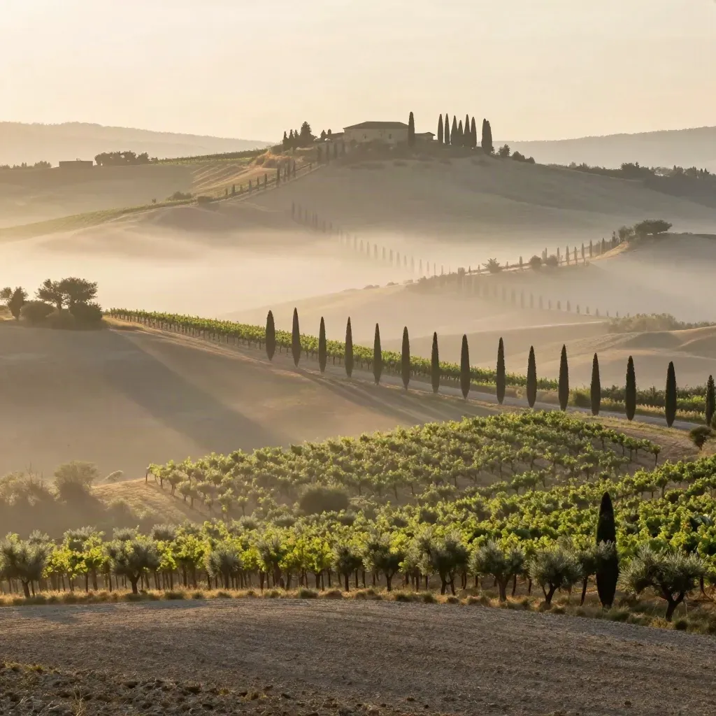 Colline del Chianti all’alba, cipressi, vigne e una casa in pietra nella nebbia.