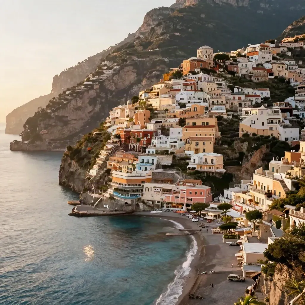 Costiera Amalfitana al tramonto, case pastello sulle scogliere e mare in calma foschia