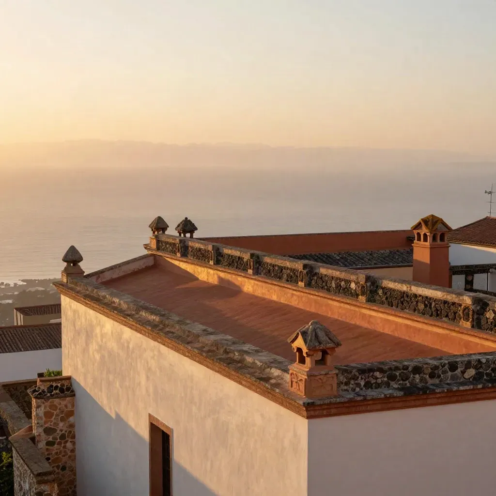 Tetti barocchi siciliani e cresta di pietra vulcanica al tramonto nella foschia.